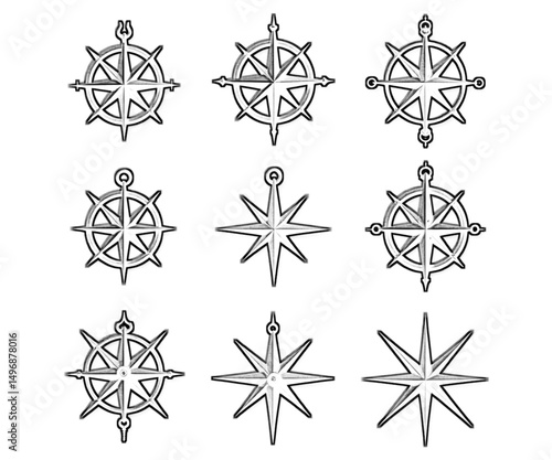 Vintage marine wind rose, nautical chart. Monochrome navigational compass with cardinal directions of North, East, South, West. Geographical position, cartography and navigation. Vector illustration