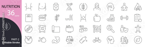 Nutrition related icons set. Including healthy food, diet, vitamins, fruits, vegetables, supplements, wellness, and health. Editable stroke. outline icons.