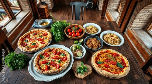 Delicious Italian Food Table Setting with Pizza and Pasta