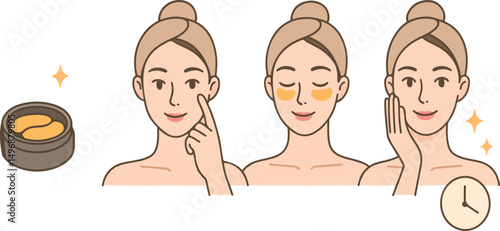 Skincare illustrations set. Collection of girl applying collagen hydrogel patch on her delicate under eyes skin. Dark circles treatment concept. Vector illustration
