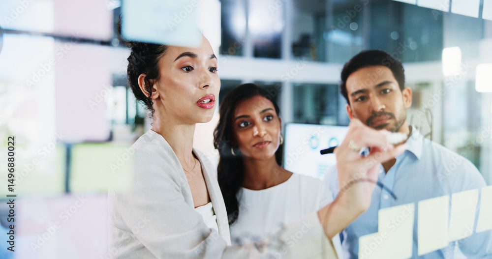 Obraz premium Glass wall, collaboration and business people in office, planning and about us with brainstorming. Employees, feedback or PR agency with ideas, company growth and support for proposal or sales review