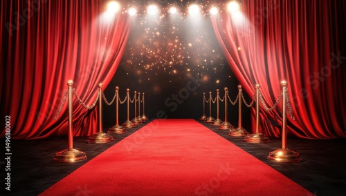 Red carpet with spotlights and velvet curtains