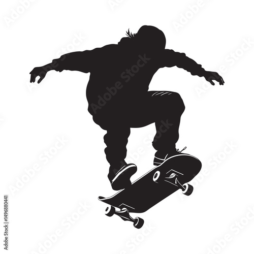 A skateboarder performing a trick in mid air black silhouette