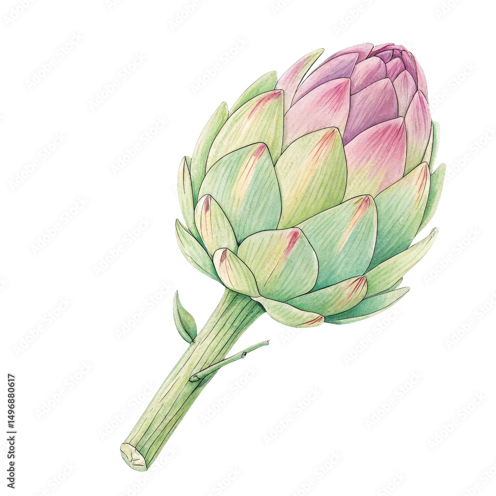 Obraz premium Vibrant watercolor artichoke showcasing shades of green and pink during autumn harvest season