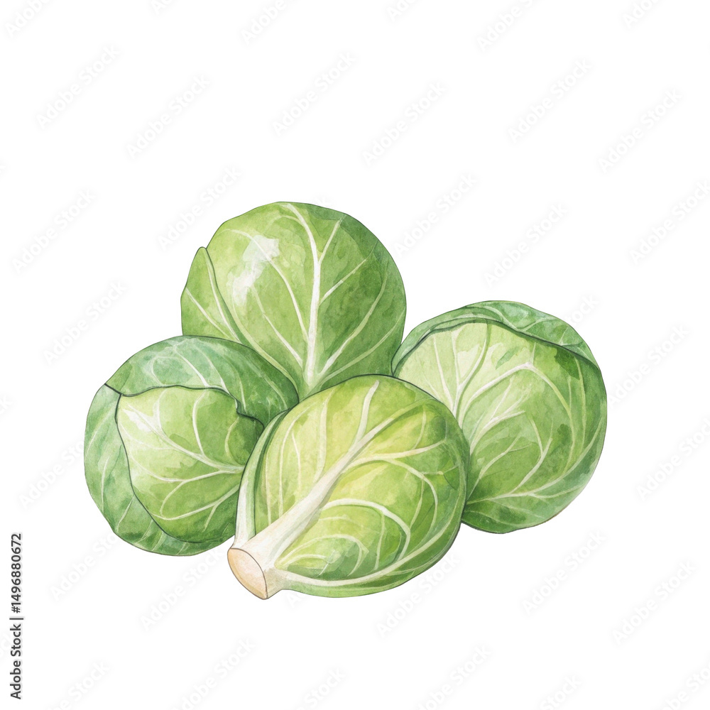 Obraz premium Brussels sprouts depicted in watercolor showcasing vibrant green hues in an autumn theme