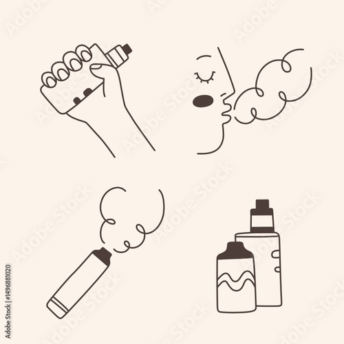 Cartoon doodle icons. Design elements for no smoking, no vaping signs. Vector illustrations of electronic devices, hand holding vape, man vaping.	