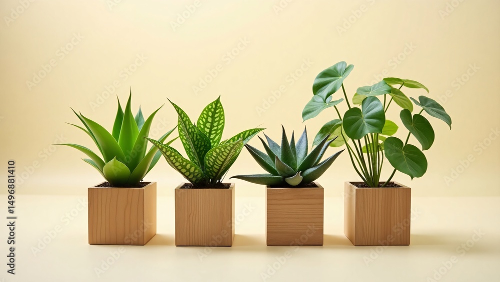 Fototapeta premium Four different houseplant types in wooden pots, arranged in a row