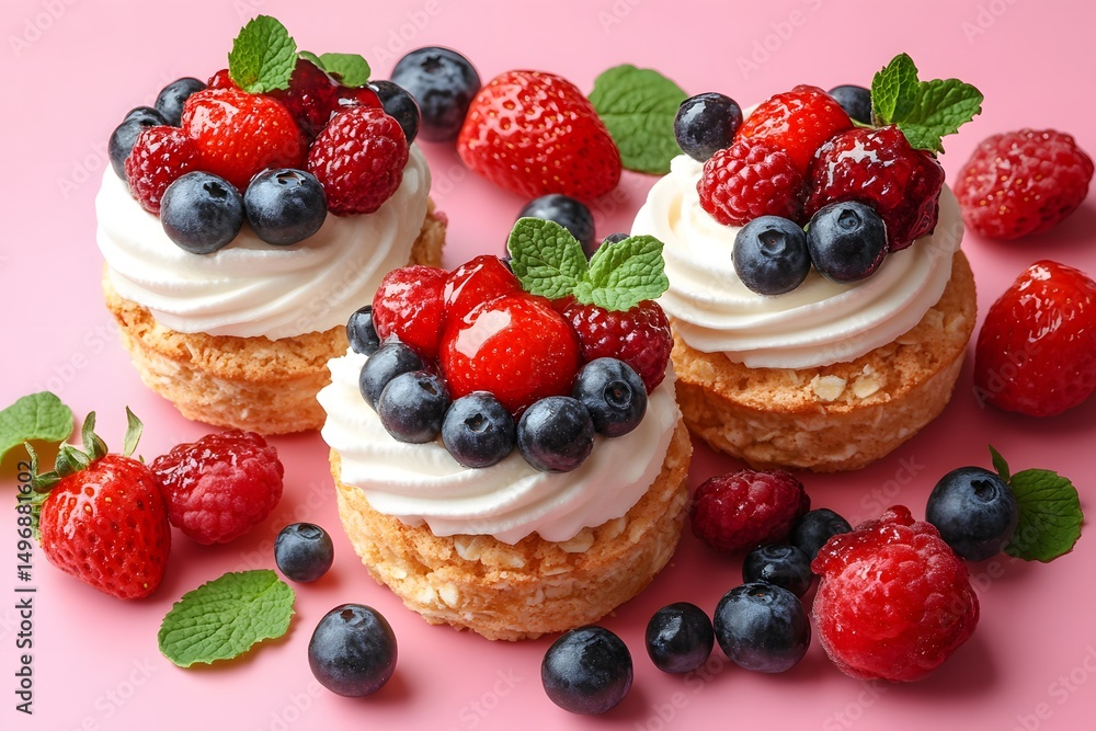 Assorted Berry Tarts with Whipped Cream on Pink Background for Dessert Menu Design Assorted Berry Tarts with Whipped Cream on Pink Background for Dessert Menu Design