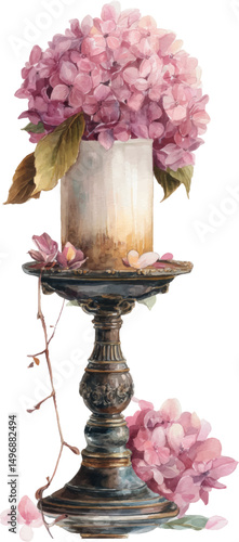 A beautiful watercolor painting of a candle with pink hydrangeas on a vintage stand