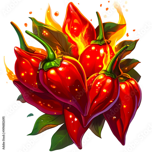 Fiery Hot Chili Peppers Cluster, Flaming Illustration