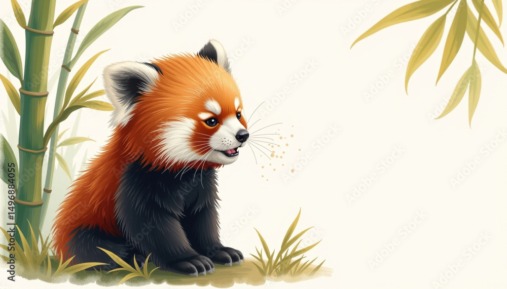 Obraz premium Cute red panda sitting among bamboo plants, showcasing its vibrant orange and black fur. scene evokes sense of playfulness and tranquility