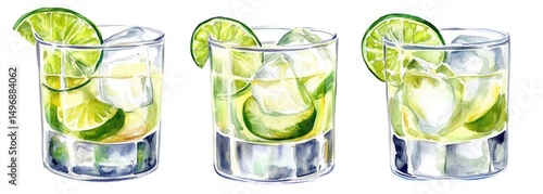 Three colorful watercolor illustrations of cocktails with lime slices and ice