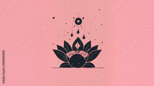 A black and white drawing of a flower with a heart on top