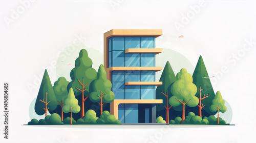A tall building with a lot of trees in front of it