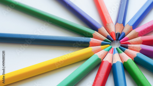 Close-up of colored pencils arranged in a radial pattern. The vibrant hues fan out from a central point, symbolizing creativity, diversity, and unity. ideal for education, art, or design themes