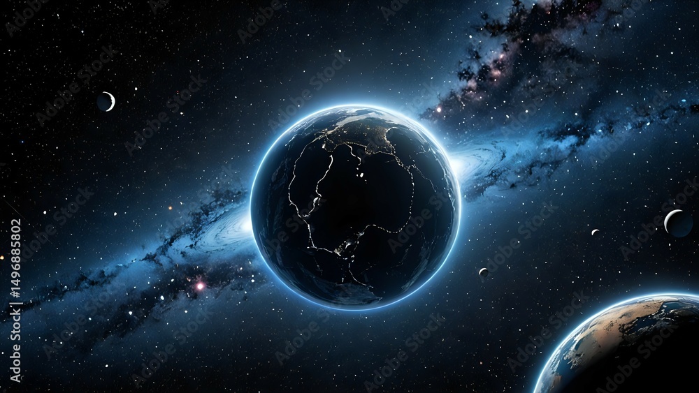 Obraz premium Stunning view of Earth from space, illuminated city lights contrasting with the darkness of space. Surrounding nebula and distant planets add to the cosmic scene.