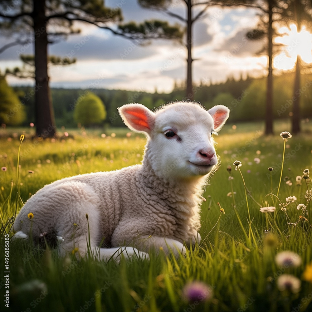 Fototapeta premium fluffy white lamb lying on grass during sunset, eid qurbani lamb