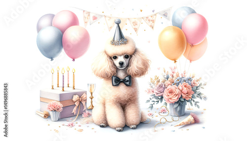 Elegant Miniature Poodle watercolor painting wearing shiny party hat, pastel balloons and birthday decorations on white background, clean composition with soft festive atmosphere
