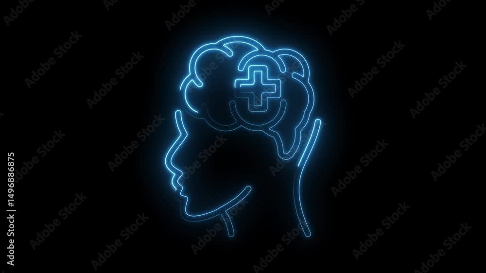 Glowing neon brain with plus sign symbolizing mental health and positive thinking Glowing neon brain with plus sign symbolizing mental health and positive thinking