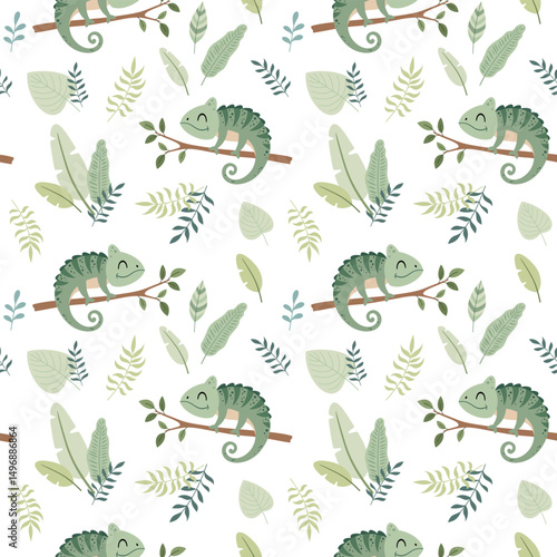 Cute chameleon seamless pattern. Cartoon tropical, savanna pattern on isolated background. Adorable animal concept design for nursery prints, kids fabric, scrapbooking, wallpaper