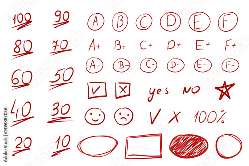Mark point score exam highlight check, arrows and circles hand drawn. Teacher red marker grade crayon, chalk texture. Homework score.