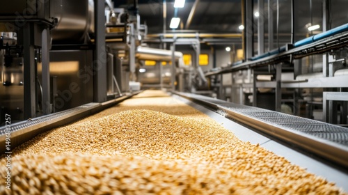 The interior of an industrial flour mill, high-tech machines showing the process of processing wheat into flour. 