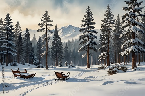 Wallpaper Mural A winter scene with snow-covered pines and a sled in watercolor style Torontodigital.ca