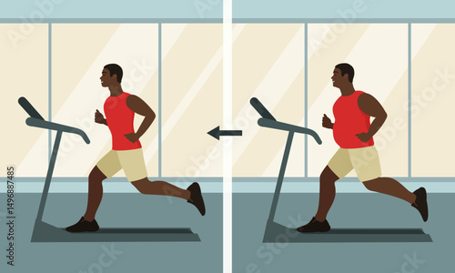 Gym classes to achieve a slim figure. The process of losing weight while exercising on a treadmill. An overweight man and a slender man after a while.