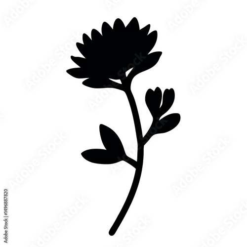 Elegant black flower silhouette with leaves on a slender curving stem design