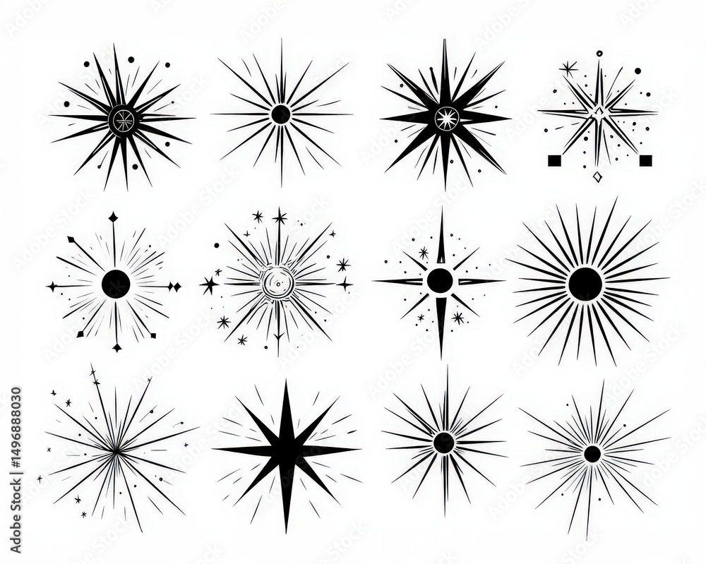 Obraz premium This collection features a variety of retro starburst designs presented seamlessly. Each element offers a unique touch for decor suitable for both creative and artistic endeavors