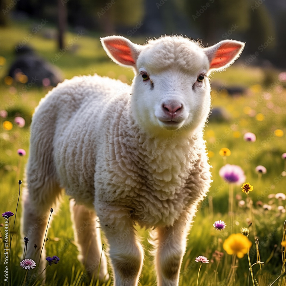 innocent white lamb in lush flower meadow looking towards camera, symbolic eid ul adha qurbani animal in peaceful countryside celebration setting innocent white lamb in lush flower meadow looking towards camera, symbolic eid ul adha qurbani animal in peaceful countryside celebration setting