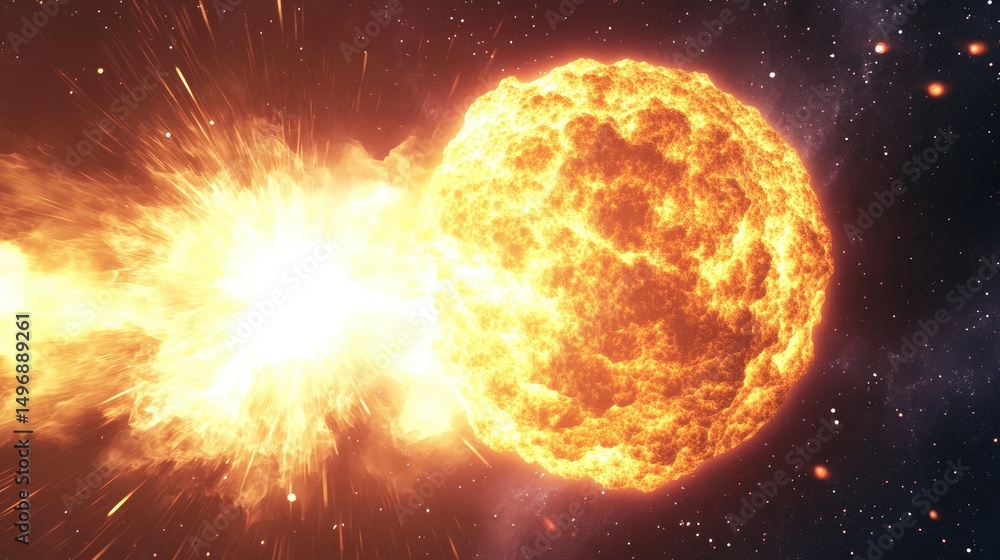 Obraz premium Fiery cosmic collision; a blazing celestial body impacted by a high-energy projectile, resulting in a spectacular explosion