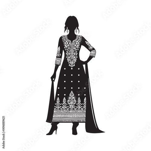 Elegant Shalwar Qameez Vector Silhouette – Traditional South Asian Dress, Comfortable Fit, Cultural Heritage, Modest Style, and Timeless Ethnic Fashion Design.