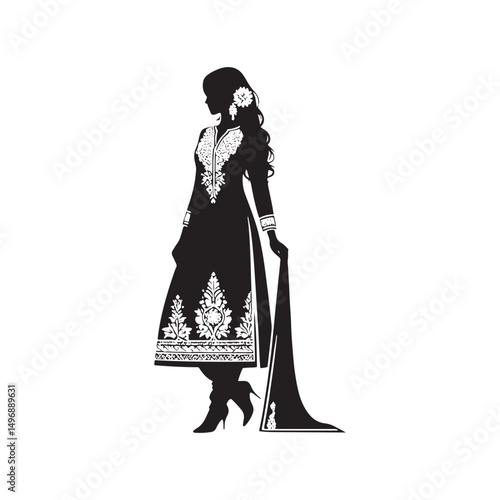 Elegant Shalwar Qameez Vector Silhouette – Traditional South Asian Dress, Comfortable Fit, Cultural Heritage, Modest Style, and Timeless Ethnic Fashion Design.