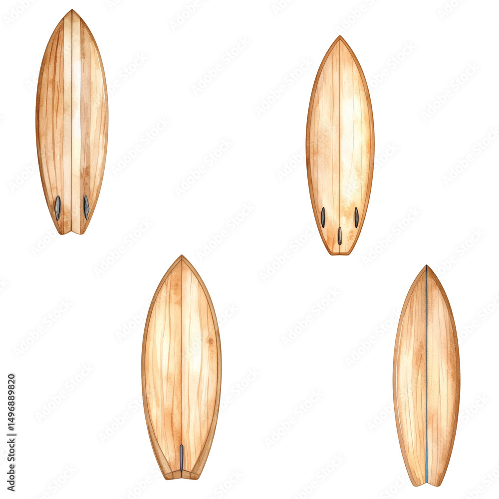 Fototapeta premium A vintage vector design pattern of a wooden surfboard with a summer beach tree and sea illustration