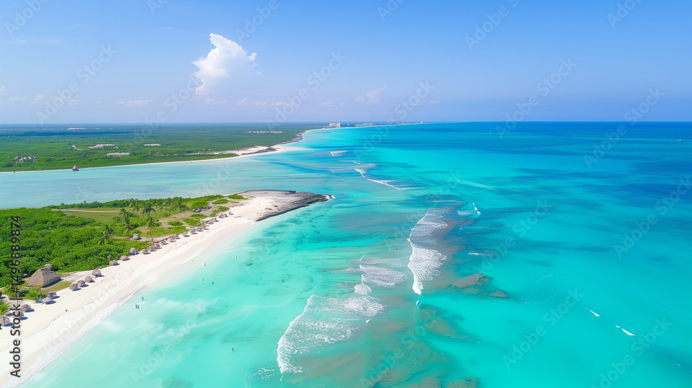 Obraz premium Turquoise waves meet white sand under sunlight, a serene tropical coastline blending sea and sky.