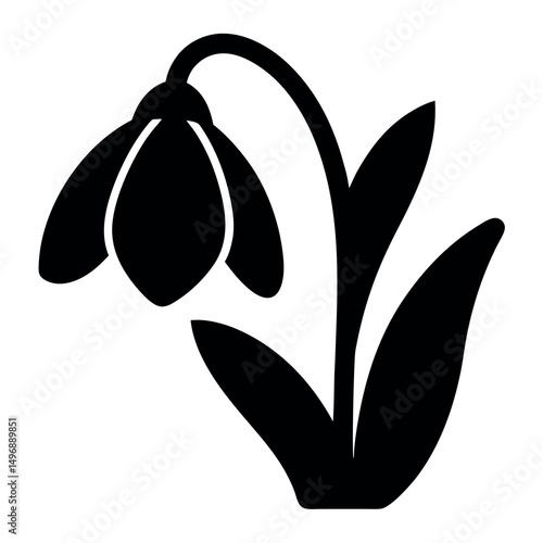 Simple black and white silhouette of a delicate snowdrop flower blossom