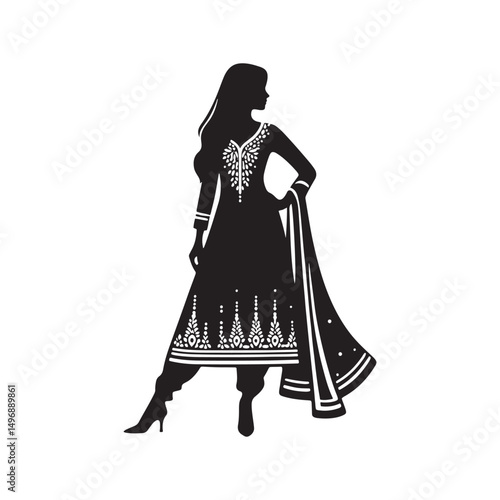 Elegant Shalwar Qameez Vector Silhouette – Traditional South Asian Dress, Comfortable Fit, Cultural Heritage, Modest Style, and Timeless Ethnic Fashion Design.