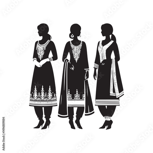 Elegant Shalwar Qameez Vector Silhouette – Traditional South Asian Dress, Comfortable Fit, Cultural Heritage, Modest Style, and Timeless Ethnic Fashion Design.