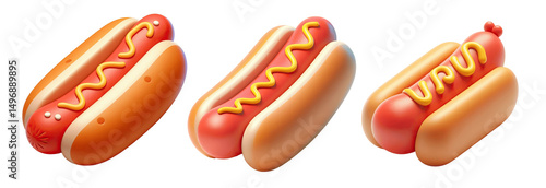 two 3d hot dogs in buns, isolated on transparent background