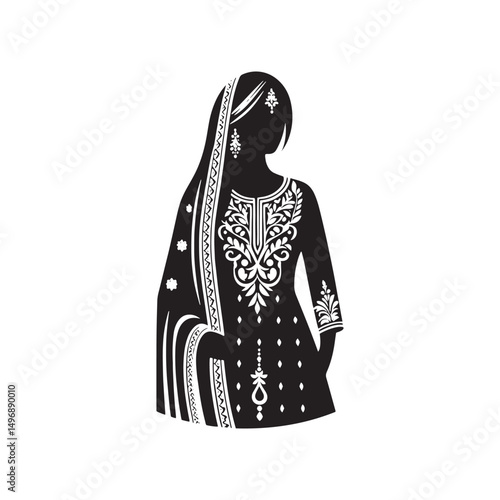 Elegant Shalwar Qameez Vector Silhouette – Traditional South Asian Dress, Comfortable Fit, Cultural Heritage, Modest Style, and Timeless Ethnic Fashion Design.