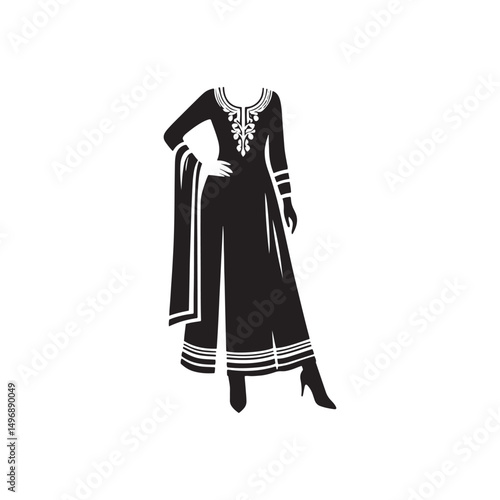 Elegant Shalwar Qameez Vector Silhouette – Traditional South Asian Dress, Comfortable Fit, Cultural Heritage, Modest Style, and Timeless Ethnic Fashion Design.