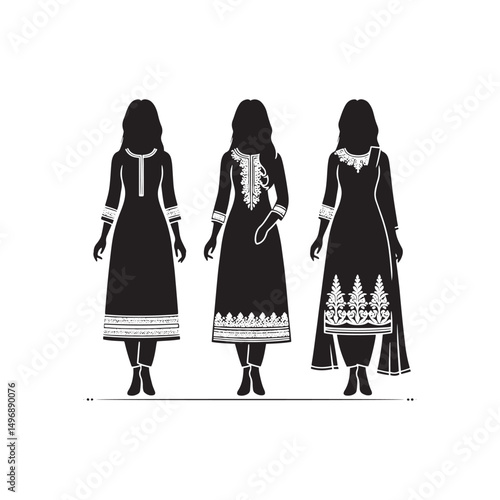 Elegant Shalwar Qameez Vector Silhouette – Traditional South Asian Dress, Comfortable Fit, Cultural Heritage, Modest Style, and Timeless Ethnic Fashion Design.