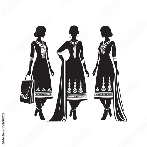Elegant Shalwar Qameez Vector Silhouette – Traditional South Asian Dress, Comfortable Fit, Cultural Heritage, Modest Style, and Timeless Ethnic Fashion Design.