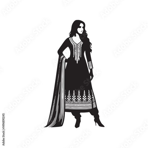 Elegant Shalwar Qameez Vector Silhouette – Traditional South Asian Dress, Comfortable Fit, Cultural Heritage, Modest Style, and Timeless Ethnic Fashion Design.