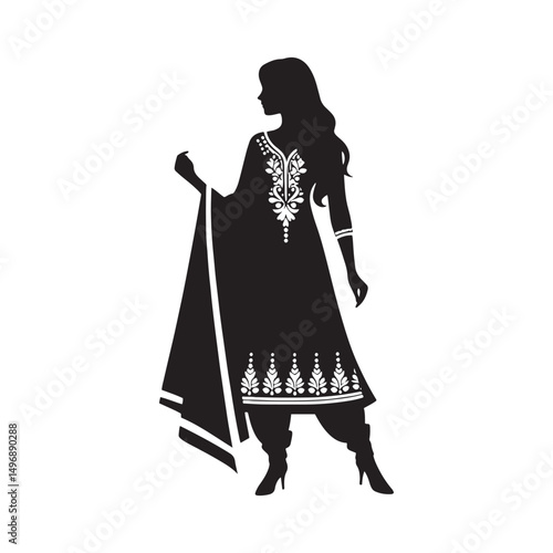 Elegant Shalwar Qameez Vector Silhouette – Traditional South Asian Dress, Comfortable Fit, Cultural Heritage, Modest Style, and Timeless Ethnic Fashion Design.