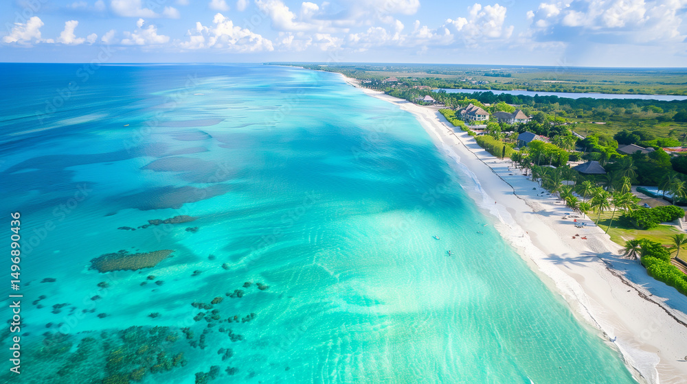 Fototapeta premium Turquoise waves meet white sand under sunlight, a serene tropical coastline blending sea and sky.