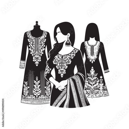Elegant Shalwar Qameez Vector Silhouette – Traditional South Asian Dress, Comfortable Fit, Cultural Heritage, Modest Style, and Timeless Ethnic Fashion Design.