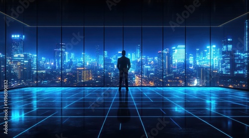 A silhouetted businessman stands in a modern, glass-walled office overlooking a vibrant, futuristic cityscape at night.  The floor glows with a digital grid pattern