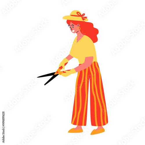 Determined Woman Pruning Plants with Large Garden Shears